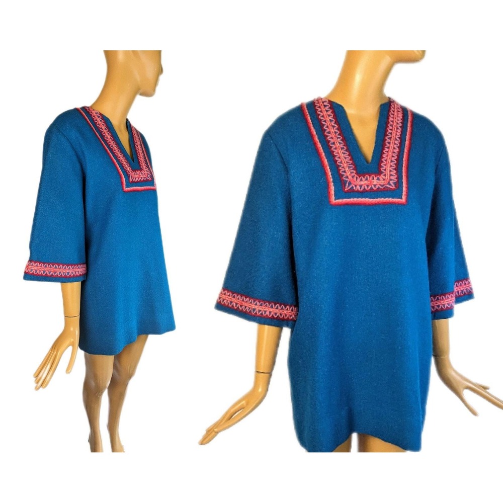 Vintage 1960s Wool Tunic Mini Dress Turquoise Embroidered Boho Size M/L